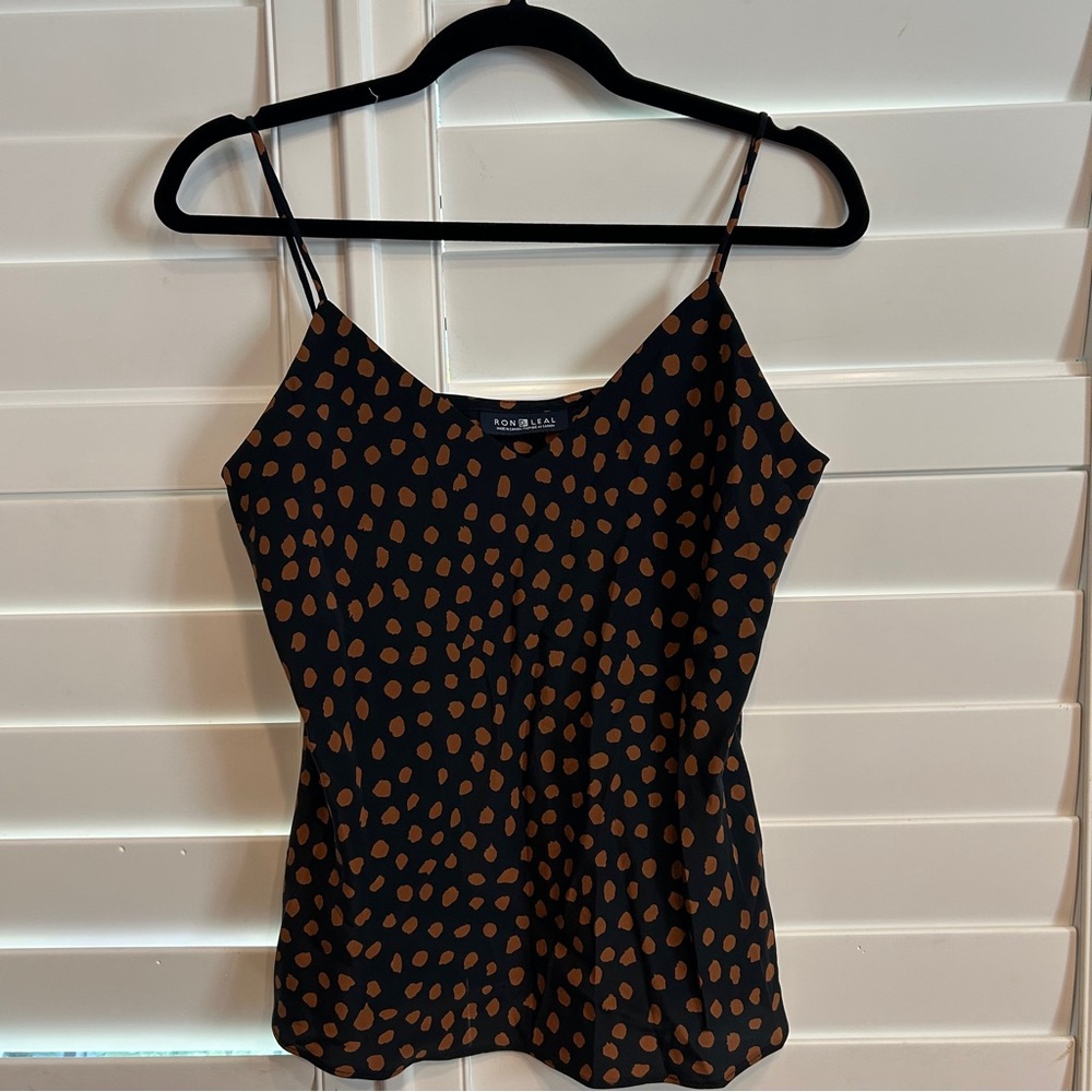 Ron Leal Silk Polka Dot Tank Top Tan Black Size 8